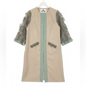 Just Vinci Embroidered Tassel Statement Coat Tan & Mint Size 10 NWOT